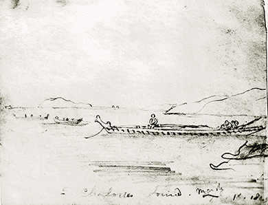 Sketch of boat on Queen Charlotte Sound. 