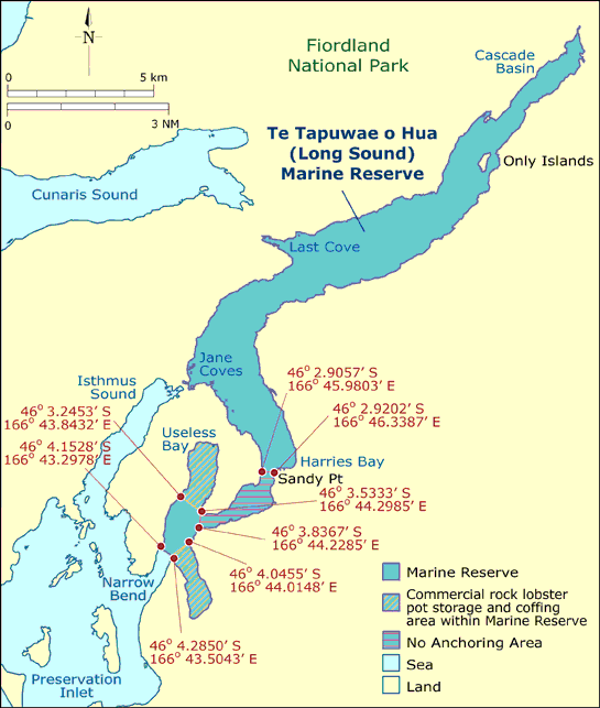 Map of Long Sound marine reserve, Te Tapuwae o Hua in Fiordland.