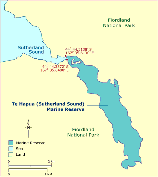 Te Hapua marine reserve map - Fiordland.