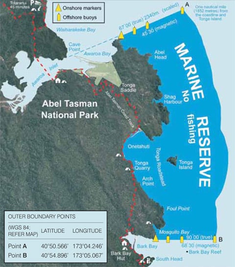 Map showing the location and boundaries of Tonga Island Marine Reserve.