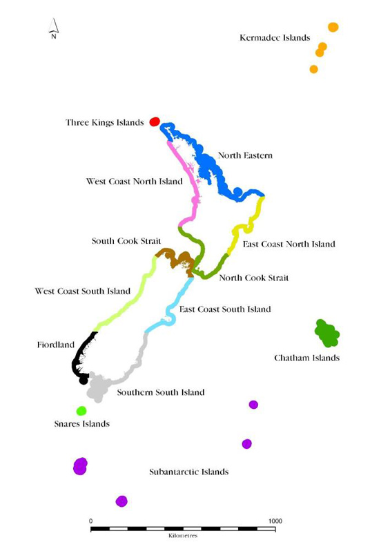 Coastal marine biogeographic regions in the New Zealand Territorial Sea. 