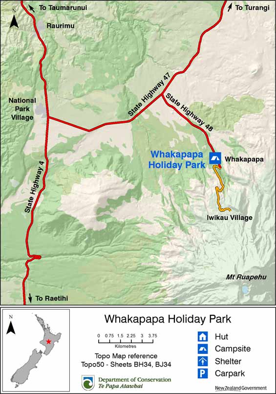 Location map of Whakapapa Holiday Park. 