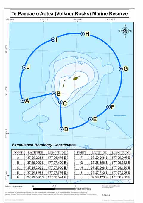 Map and boundary coordinates of Te Paepae o Aotea (Volkner Rocks) marine reserve.