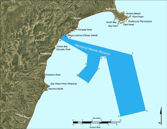 Map and boundaries of the Hikurangi Marine Reserve. 