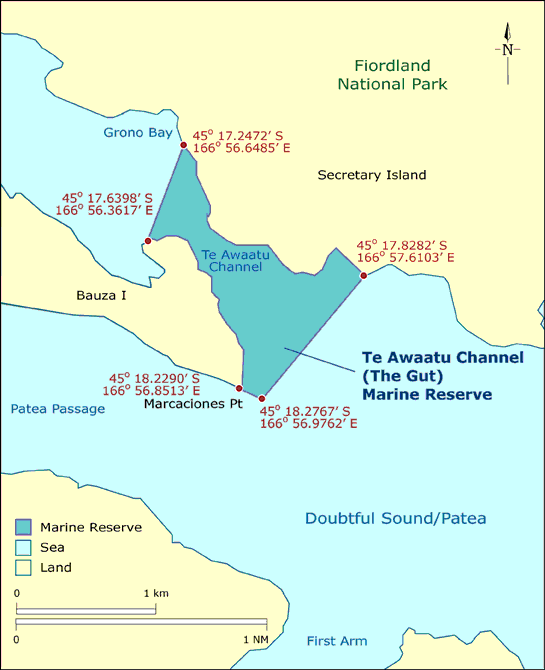 Te Awaatu Channel (The Gut) marine reserve map,  Fiordland.
