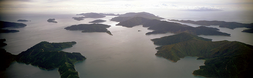 Looking north over Queen Charlotte Sound/Totaranui and Tory Channel/Kura Te Au. 