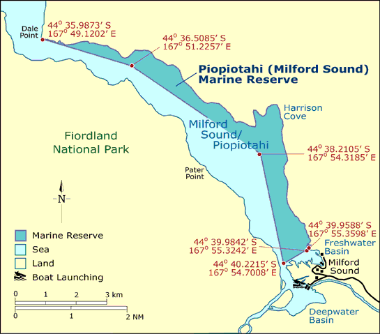 Map of Piopiotahi marine reserve in Fiordland showing the coordinates.