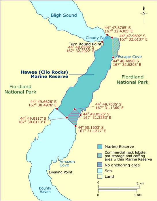Hawea marine reserve map in Fiordland.
