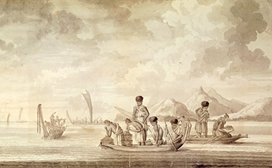 Drawing of Māori fishing on boats. 