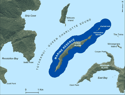 Map of Long Island - Kokomohua Marine Reserve showing its boundaries.
