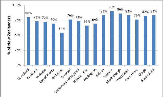 Percantage of New Zealand visitors to regions graph. 