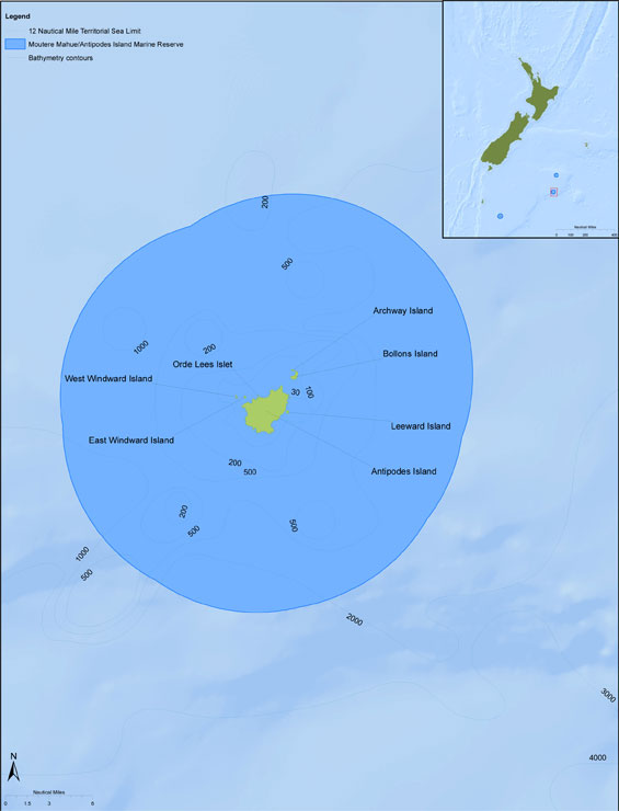 Antipodes Island/Moutere Mahue Marine Reserve map. 