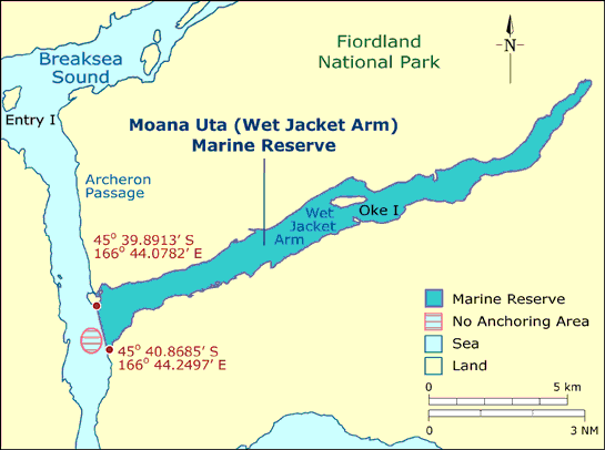 The marine reserve at Wet Jacket Arm, Moana Uta, covers the entire sound between Entry Island and the head of the sound. The reserve was one of eight established in 2005 as part of the management measures proposed by the Guardians of Fiordland, and covers about 2,007 hectares.