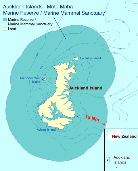 Map of Auckland Islands Marine Reserve showing its boundaries.