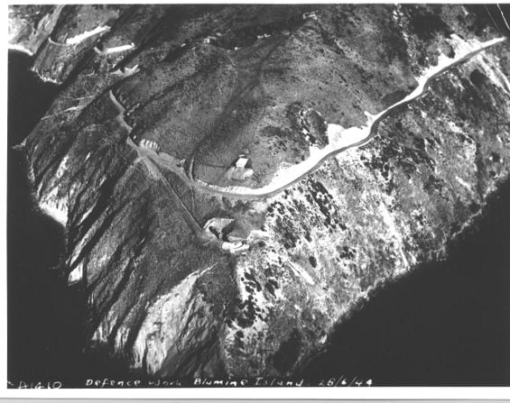 Blumine Island in 1944 showing the western gun emplacement.