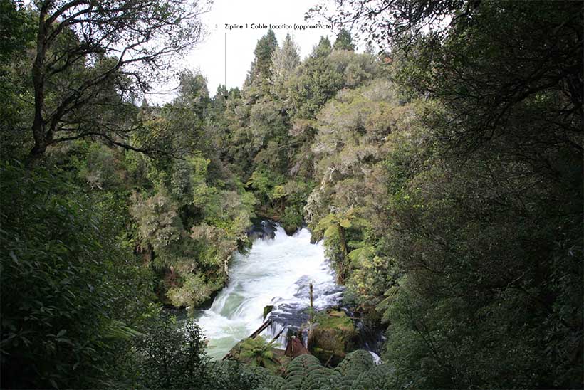 A dotted line going through the treetops shows where the zipline will be placed.