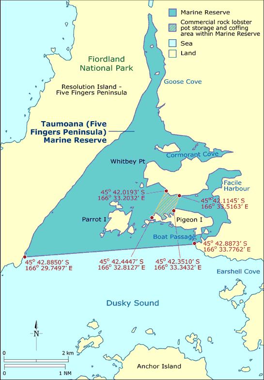 Taumoana marine reserve map showing the coordinates.