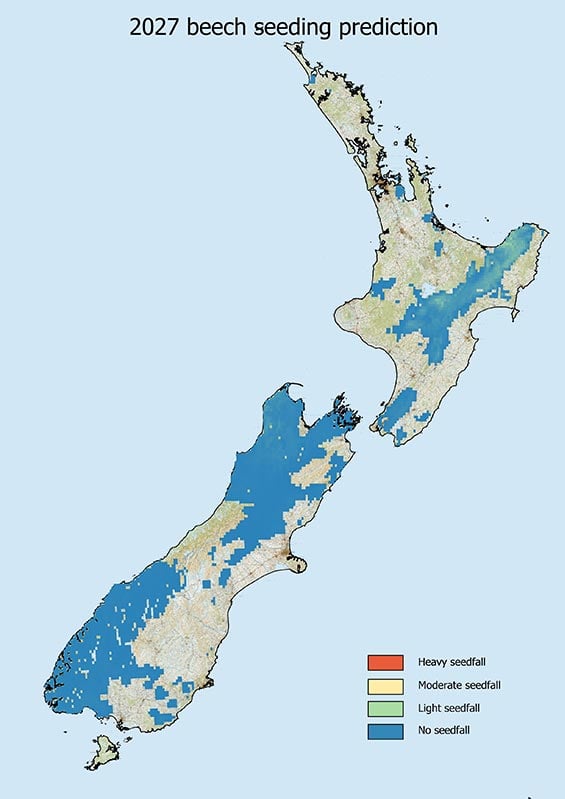 A map with colour coded areas ranging from blue to red. A key is included that show blue areas mean either no mast or a mast is unlikely, yellow or orange areas mean a mast is possible or likely, while red areas indicate a mast. A significant portion of the map show yellow with and some red and blue portions.