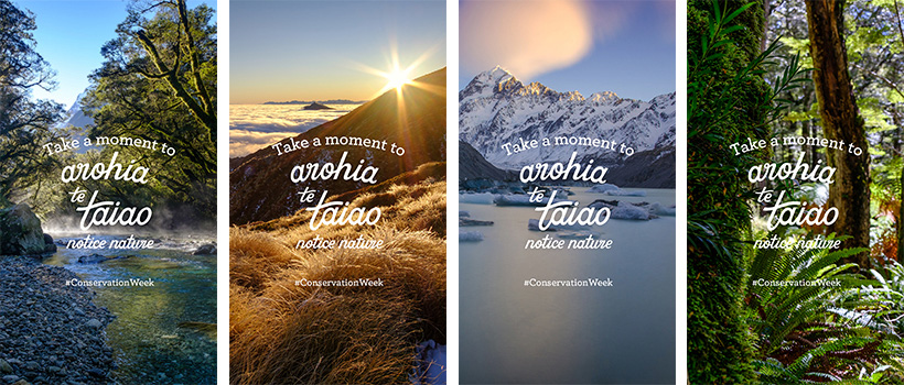 Four images of natural scenes with text saying take a moment for nature this conservation week.