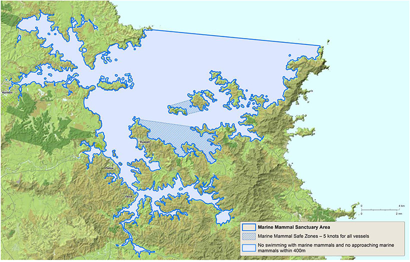 Map of the Bay of Islands and how the proposed sanctuary covers the entire bay from the mouth of the bay. There's also two small areas that designate the marine mammal safe zones
