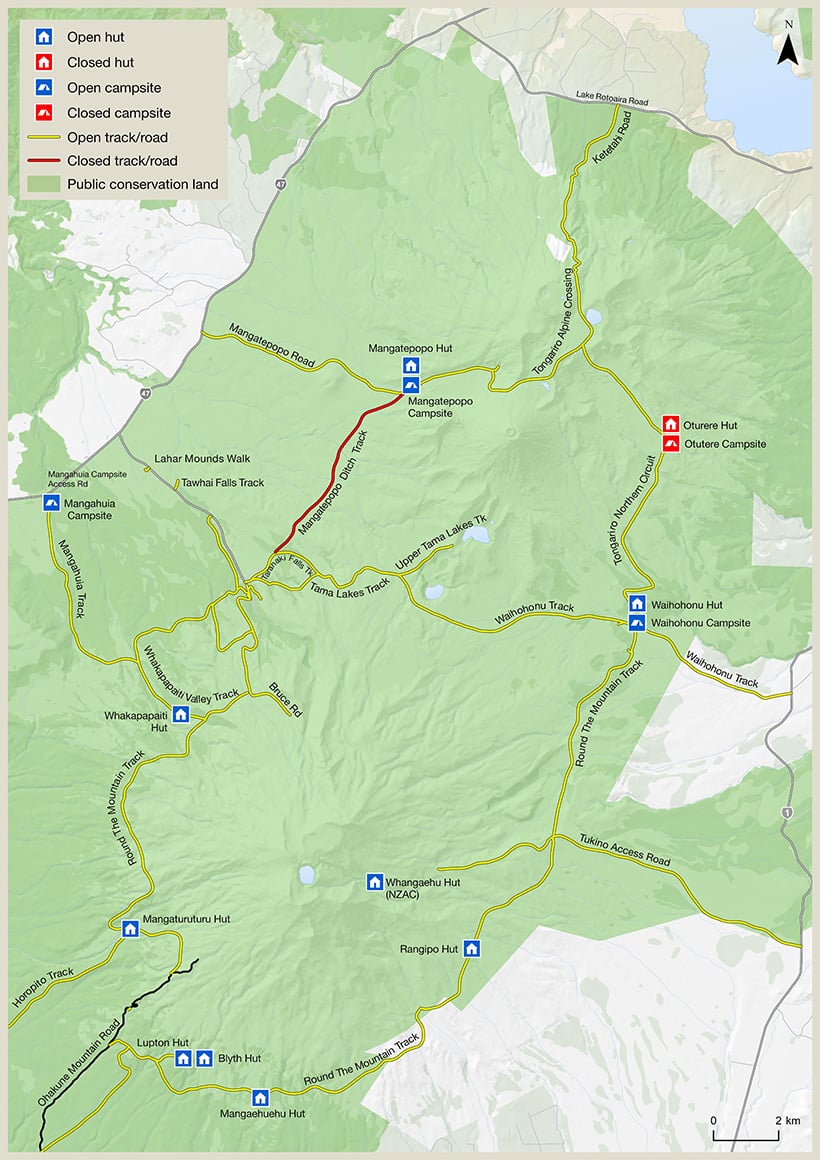 Map showing closed tracks in the Tongariro National Park.