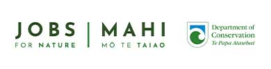 Jobs for Nature lockup. It says Jobs for Nature, Mahi mō te Taiao. The DOC logo and name is also included.