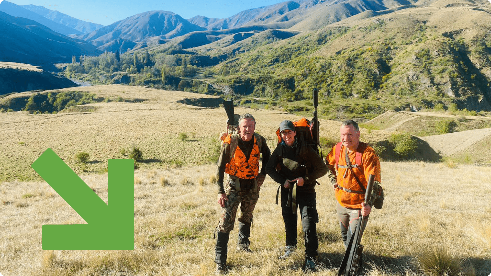 3 hunters geared up for a goat hunt in the South Island.