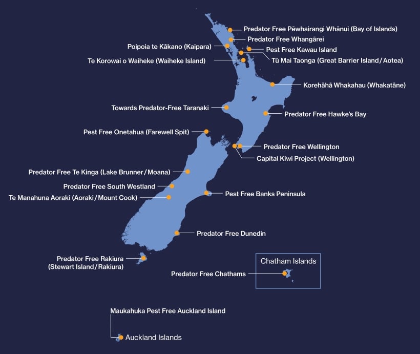 Map of New Zealand with the location of Predator Free projects marked.