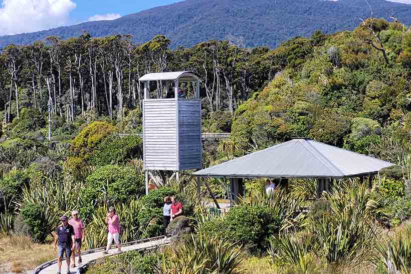 People walking along a boardwalk with a wooden viewing tower in the background.