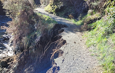 A track by a river is heavily eroded and slipping away.