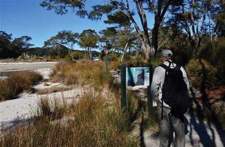 Walkers reading an interpretation panel. 
