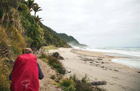 Walker on west coast beach. 