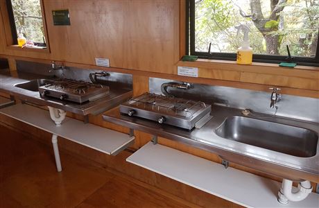 Cooking area in Routeburn Falls Hut. 