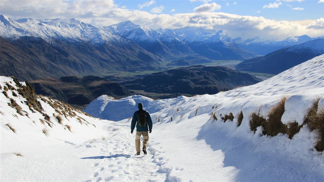 Snow on Roys Peak Track. 