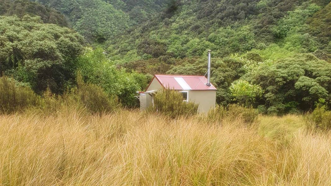 A small beige hut with a red corrugated roof and slim metal chimney sits in a field of long grasses with bush in the background. 