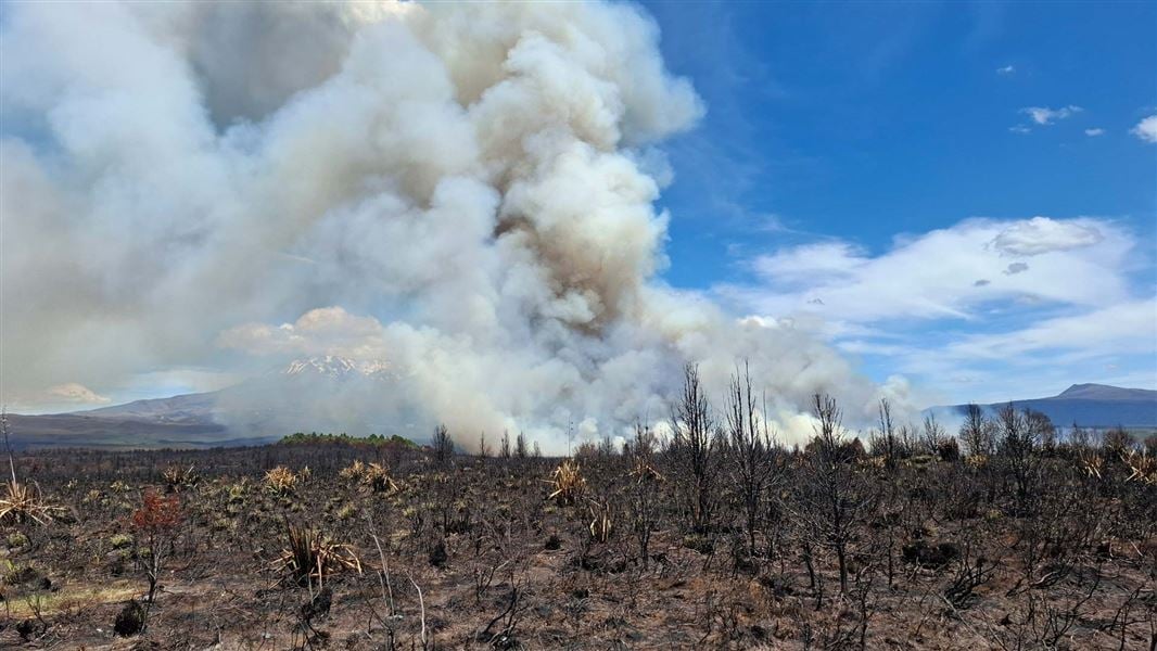 Large vegetation fire in Tongariro National Park with Mt Ruapehu visible through the thick smoke.