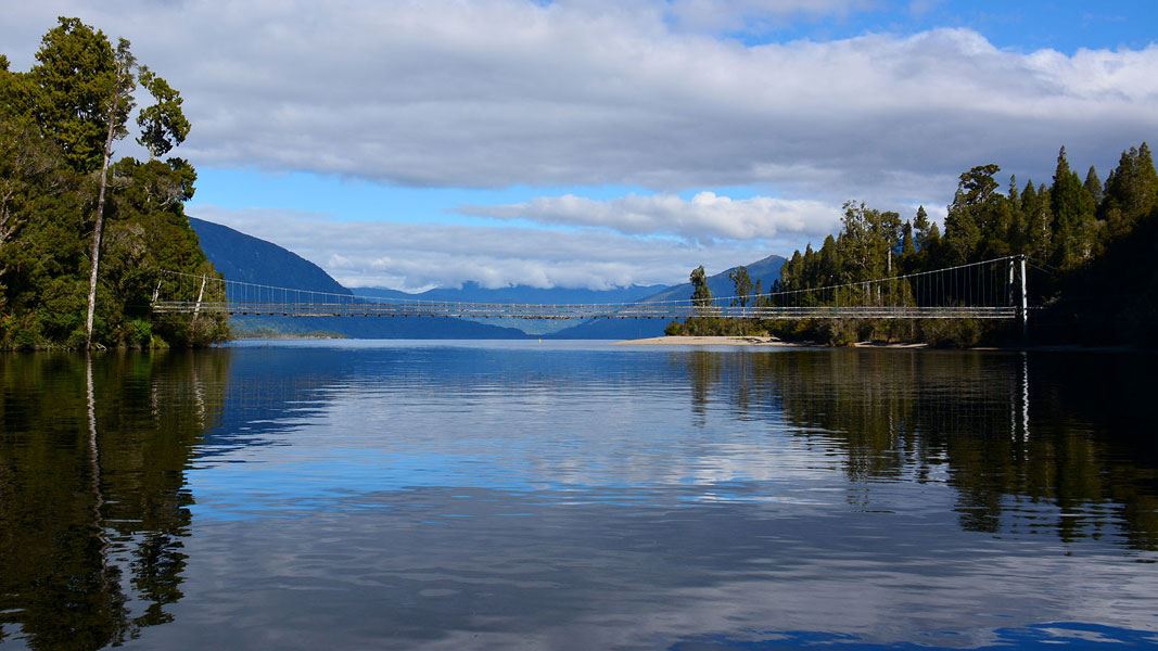 Swingbridge over Arnold River on Rakaitane Track. 