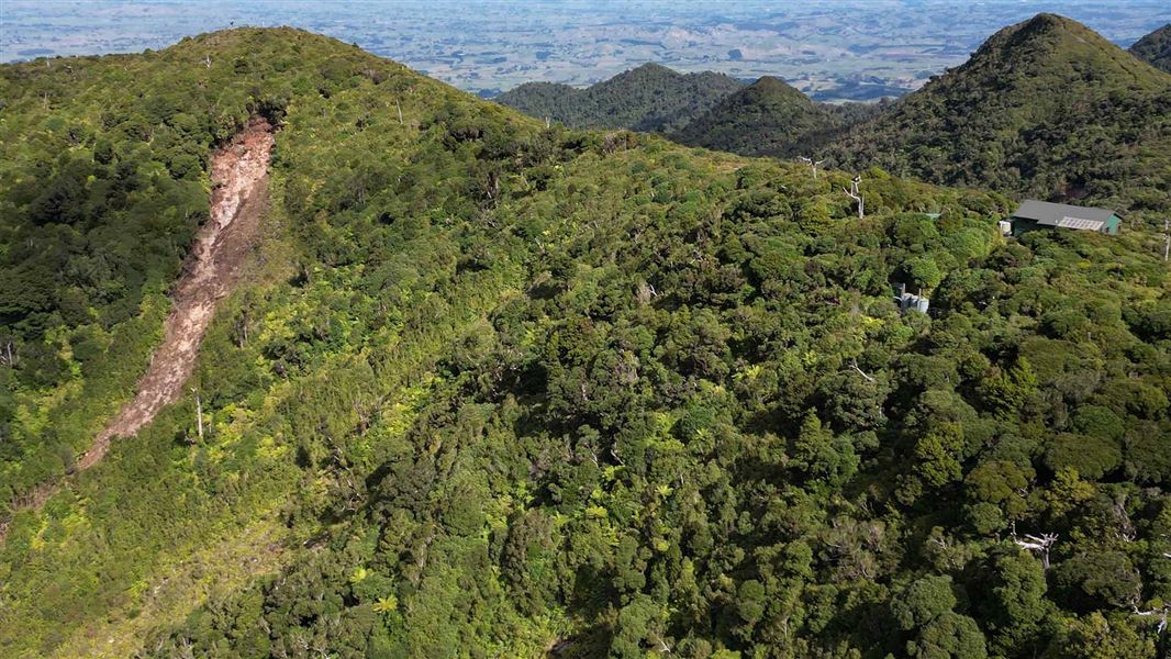 Pirongia, showing landslips, taken by drone. 
