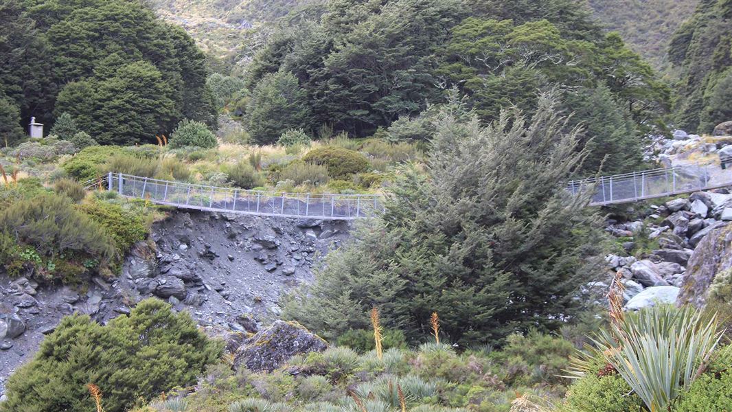 A short swing bridge across a ravine. 