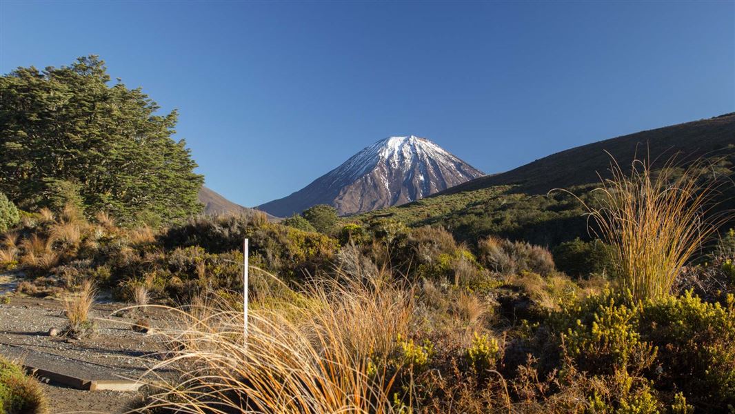 A view of a snow topped mountain.