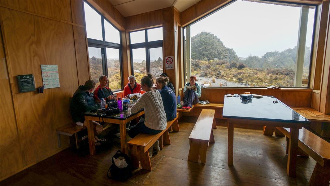 Visitors enjoying Waihohonu Hut. 