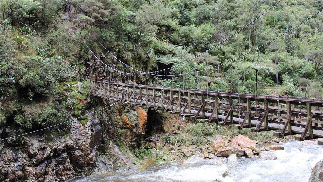 Bridge crossing river in gorge.