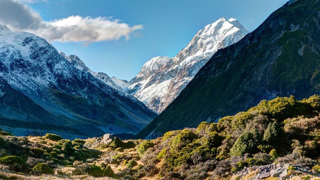 Snow capped mountains and rocky bush clad terrain. 