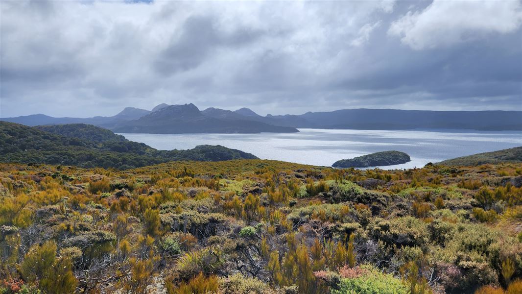 View of Rakiura (Stewart Island) with sea across the water in the distance.