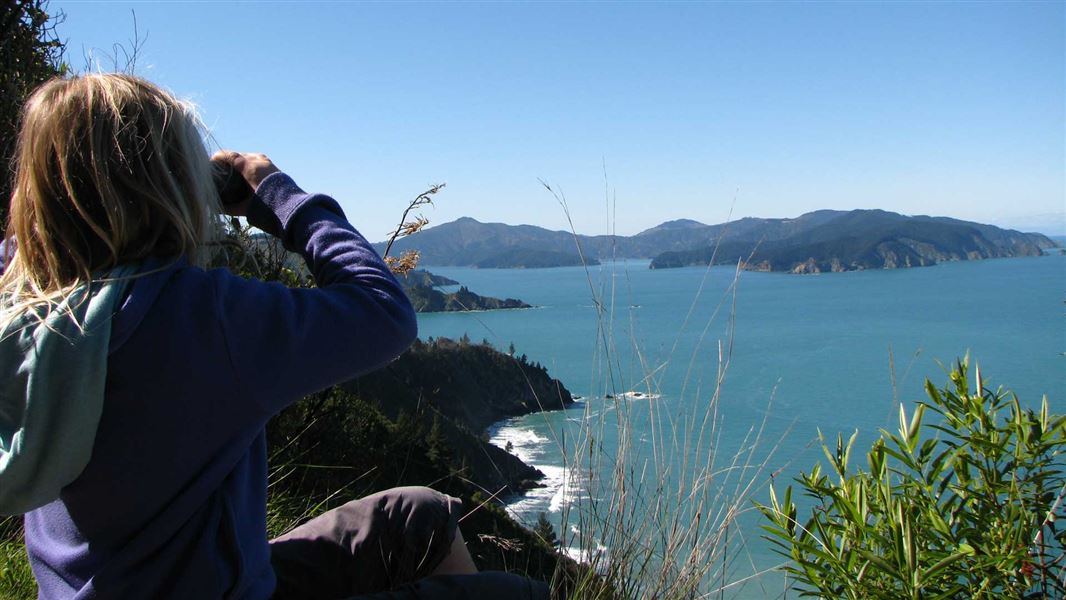 Child looking through binoculars. 