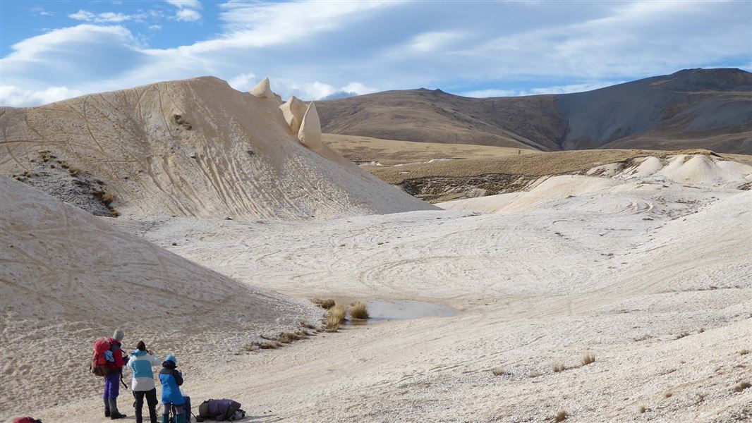 A group of trampers viewing some old gold diggings.