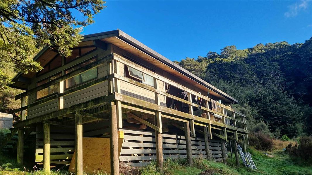 A rectangular hut up on poles with storage beneath and a narrow deck out the front. Bit blue sky up behind it and bush to the right. 