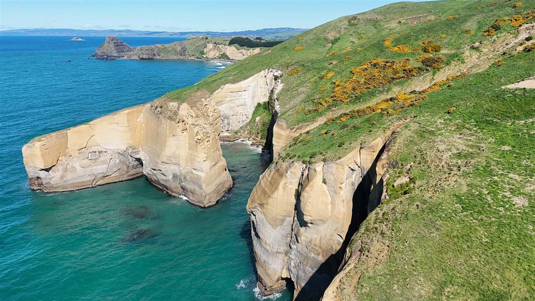 Aerial view of Tunnel beach. 