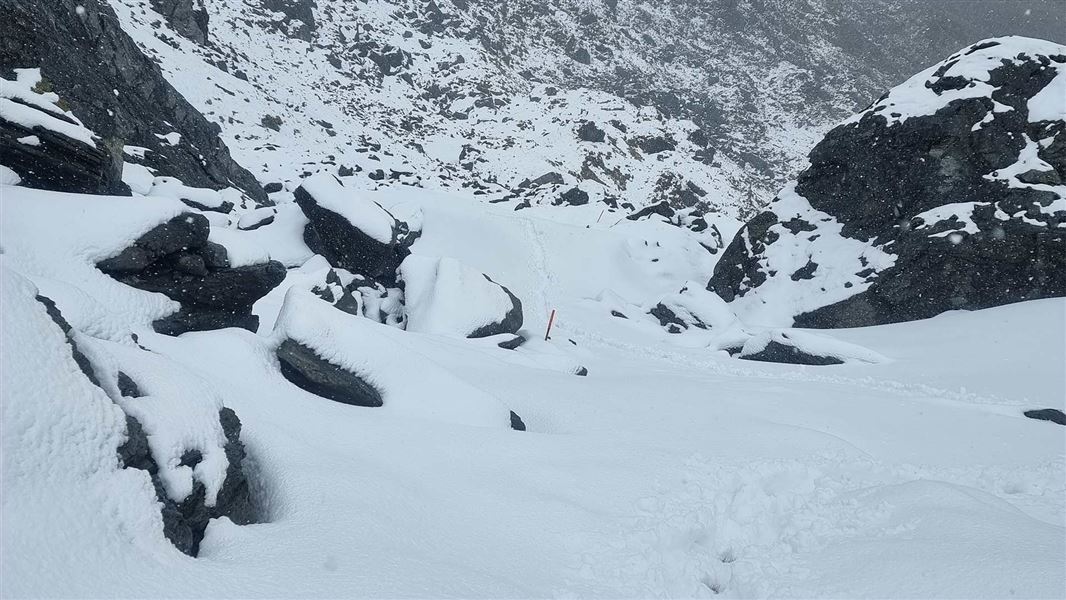 Gillespie Pass in snowstorm. 