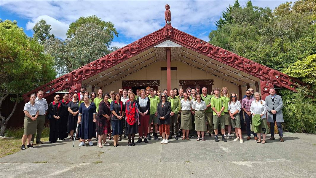 Cadets, DOC staff and mana whenua at the pōwhiri at Ōmaka Marae in Renwick. 